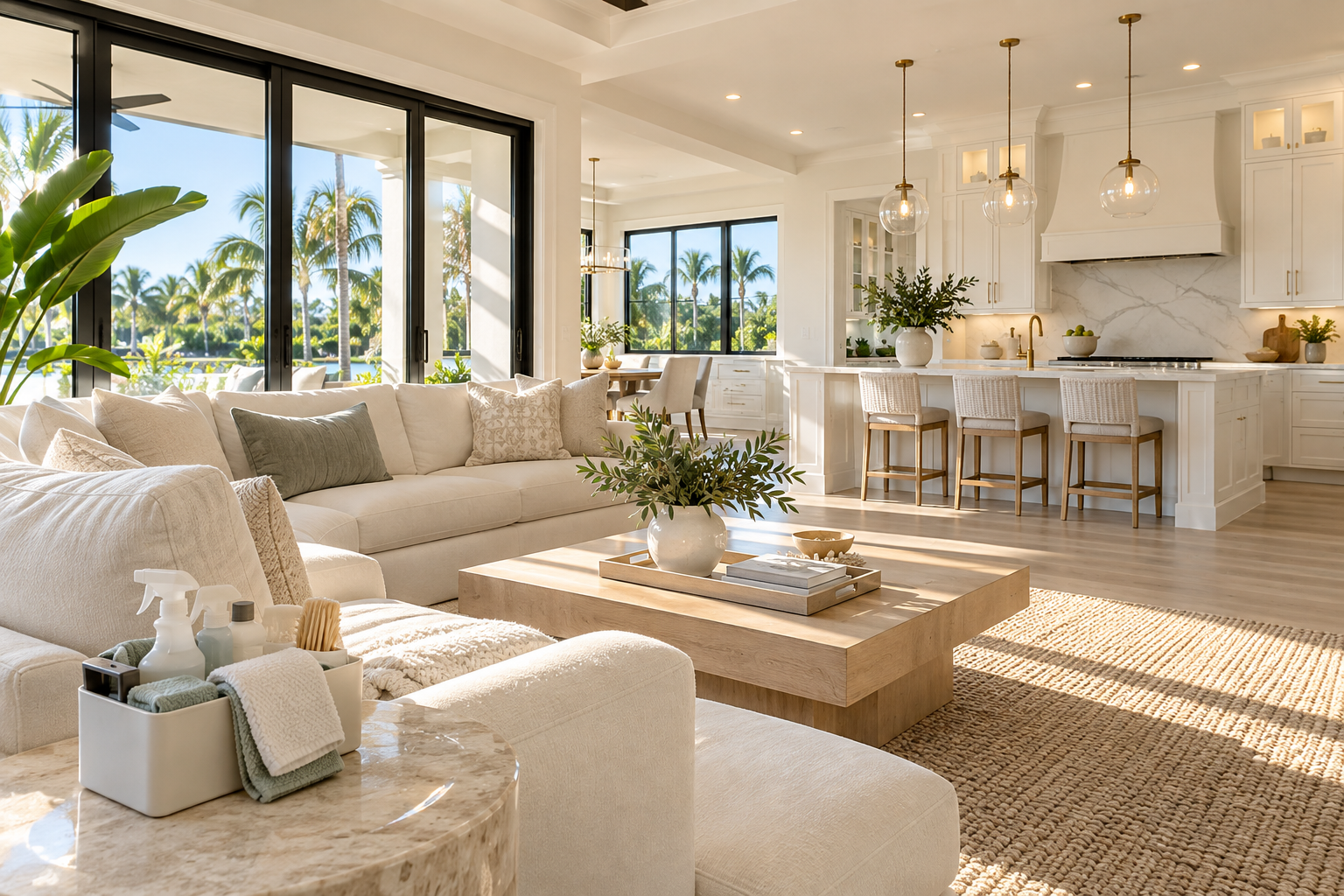 A sunlit living room opening onto an immaculate kitchen