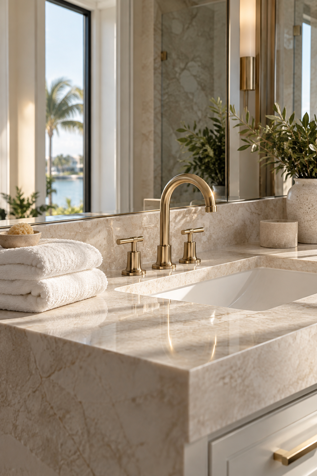 Polished brass fixtures and folded white towels on a natural stone vanity